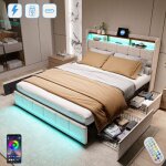 Dans les nuages - lit double 160x200 cm, avec 4 tiroirs, �clairage led, �tag�res, usb fonction de charge ...