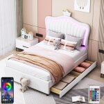 Dans les nuages - lit double 90x200 cm avec 2 tiroirs, �clairage led, app, t�te de lit en forme de couronne, ...