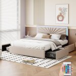 Dans les nuages - lit double capitonn� 140x190 cm, tissu lin, avec �clairage led, 4 tiroirs, lit adulte ...
