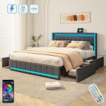 Dans les nuages - lit double capitonn� 140x200 cm, avec 4 tiroir, �clairage led, t�l�commande, sommier ...