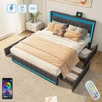 Dans les nuages - lit double capitonn� 160x200 cm, avec 4 tiroir, �clairage led, t�l�commande, sommier ...