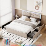 Dans les nuages - lit double capitonn� 160x200 cm, tissu lin, avec �clairage led, 4 tiroirs, lit adulte ...