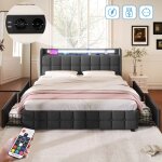 Dans les nuages - lit double capitonn� 160x200 cm, tissu lin, avec �clairage led, 4 tiroirs, fonction ...