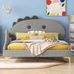Dans les nuages - lit enfant capitonn� 140x200 cm, tissu similicuir, avec t�te de lit forme de dinosaure ...