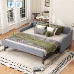 Dans les nuages - lit gigogne 90x200 cm / 180x200 cm, avec port usb, sommier � lattes en bois, canap� ...