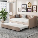 Dans les nuages - lit gigogne 90x200 cm lit rembourr� en lin avec sommier � lattes, lit de jour, beige ...