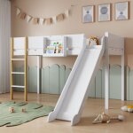 Dans les nuages - lit mezzanine 90x200 cm, avec toboggan, escalier, �tag�re amovible, sommier � lattes, ...