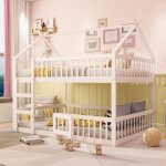 Dans les nuages - lit superpos� 140x200 cm, avec escalier, toit, sommier � lattes en haut, cl�ture de ...