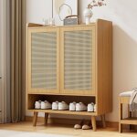 Dans les nuages - meuble � chaussures 80 cm en rotin avec 2 portes en rotin et 5 �tag�res, chaussures ...