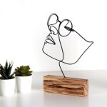 Objet d�coratif � poser approbatio visage femme � lunettes 31cm m�tal noir socle bois