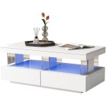Okwish - table basse carre blanche brillante, table de salon avec clairage led et tiroirs, 100x60x49. ...