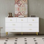 Okwish - buffet blanc, commode avec 7 tiroirs, poign�es dor�es et pieds dor�s, pour salon, chambre et ...