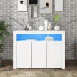 Buffet blanc brillant avec lumires led, meuble de rangement moderne  3 portes en bois avec tlcommande ...