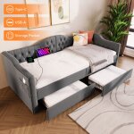 Okwish - canap� lit 90x190 cm, lit simple rembourr� avec 2 tiroirs et prise usb, tissu en lin, gris, ...
