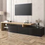 Okwish - meuble tv noir brillant avec aspect bois, étagères en verre et éclairage led, 197x39x42 cm Okwish - meuble tv noir brillant avec aspect bois, étagères en verre et éclairage led, 197x39x42 cm