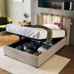 Lit coffre 90x200 cm, lit simple rembourr�, lit adulte avec lampe de lecture et fonction de charge, en ...