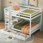Lit superposé, 140x200 cm lit enfant 3 places avec 2 tiroirs, rangements et garde - corps hauts, blanc ... Lit superposé, 140x200 cm lit enfant 3 places avec 2 tiroirs, rangements et garde - corps hauts, blanc ...