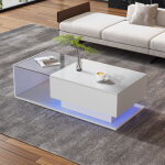 Okwish - table basse carr�e blanche brillante avec plateaux en verre, tiroirs et �clairage led, table ...