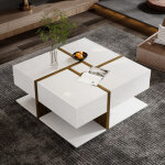 Okwish - table basse carr�e blanche brillante, table de salon avec 4 tiroirs et espace de rangement en ...