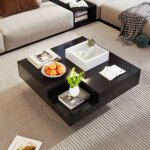 Okwish - table basse carr�e noire brillante, table de salon avec rangement amovible et �clairage led, ...