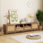 Okwish - meuble tv, support tv en grain de bois avec dcoration en rotin, pieds en bois massif, buffet ...