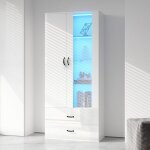 Okwish - vitrine blanche 60x35x182 cm avec 2 portes transparentes, claire par led avec 16 couleurs, ...