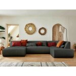 Lisa design - onyx - canap panoramique d'angle droit 7 places - en tissu - gris fonc