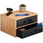 Organisateur bureau, 2 tiroirs, bambou & mdf, hxlxp : 15x25x20 cm, rangement pour ustensiles, nature ...