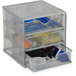 Organiseur de bureau 3 tiroirs mtal fournitures stylos ustensiles hxlxp: 17x16x17cm, argent - relaxdays ...