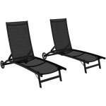 Lot de 2 bains de soleil transats inclinables - 2 roulettes - alu. textil�ne noir