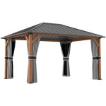 Pavillon de jardin structure alu aspect bois toit rigide m�tal galvanis� rideaux moustiquaires