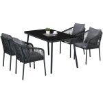 Outsunny - salon de jardin 4 places 5 pices table  manger chaises empilables coussins alu rsine noir ...