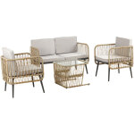 Outsunny - salon de jardin 4 places 4 pi�ces style colonial table basse coussins beige inclus r�sine ...