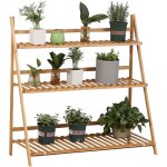 Outsunny - tag�re �chelle � fleurs en bois de bambou - porte plantes pliable bois 3 �tag�res � lattes ...
