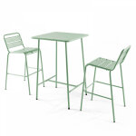 Oviala - ensemble table de bar et 2 chaises hautes en m�tal vert sauge - palavas
