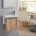 Pack lave - mains meuble bois stri avec poigne noire et porte serviette - robinetterie eau froide  ...
