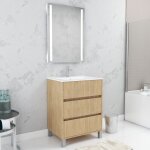 Aurlane - pack meuble salle de bains 60cm ch�ne clair 3 tiroirs, vasque, miroir 60x80 � leds int�gr�es ...