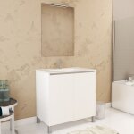 Pack meuble salle de bains 80cm blanc 2 portes, vasque, miroir 60x80 et rglette led - xenos