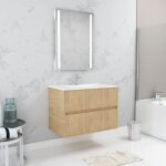 Aurlane - pack meuble salle de bains 80cm ch�ne clair 2 tiroirs, vasque, miroir 60x80 � leds int�gr�es ...
