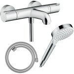 Pack mitigeur bain thermostatique hansgrohe ecostat 1001cl + flexible designflex + pommeau vernis blend ...