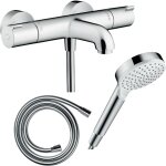 Pack mitigeur bain thermostatique hansgrohe ecostat 1001cl + flexible isiflex + pommeau vernis blend ...