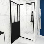 Aurlane - pack porte de douche atelier pivotante noire 90x200 cm et receveur blanc effet pierre 90x90x4 ... Aurlane - pack porte de douche atelier pivotante noire 90x200 cm et receveur blanc effet pierre 90x90x4 ...
