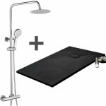 Pack receveur de douche 90 x 160 cm extra plat noir + colonne de douche thermostatique Pack receveur de douche 90 x 160 cm extra plat noir + colonne de douche thermostatique