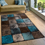 Paco home - cr�ateur tapis salon original combinaison de couleurs carreaux turquoise brun cr�me 70x250 ...