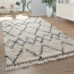 Paco home - shaggy tapis salon poils longs moderne motif � carreaux losanges cr�me bleu 80x150 cm