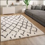 Paco home tapis poils longs moelleux moderne shaggy style flokati motif losange blanc gris 200 cm carr� ...