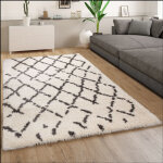 Paco home tapis poils longs moelleux moderne shaggy style flokati motif losange blanc gris 60x90 cm