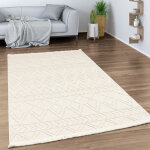 Paco home tapis salon chambre adulte poils ras motif boho motif geometrique franges 120x170 cm, cr�me ...