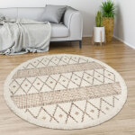 Paco home tapis salon chambre adulte poils ras motif boho motif geometrique franges 160 cm rond, cr�me ...