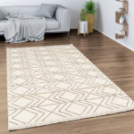Paco home tapis salon chambre adulte poils ras motif boho motif geometrique franges 200x290 cm, cr�me ...